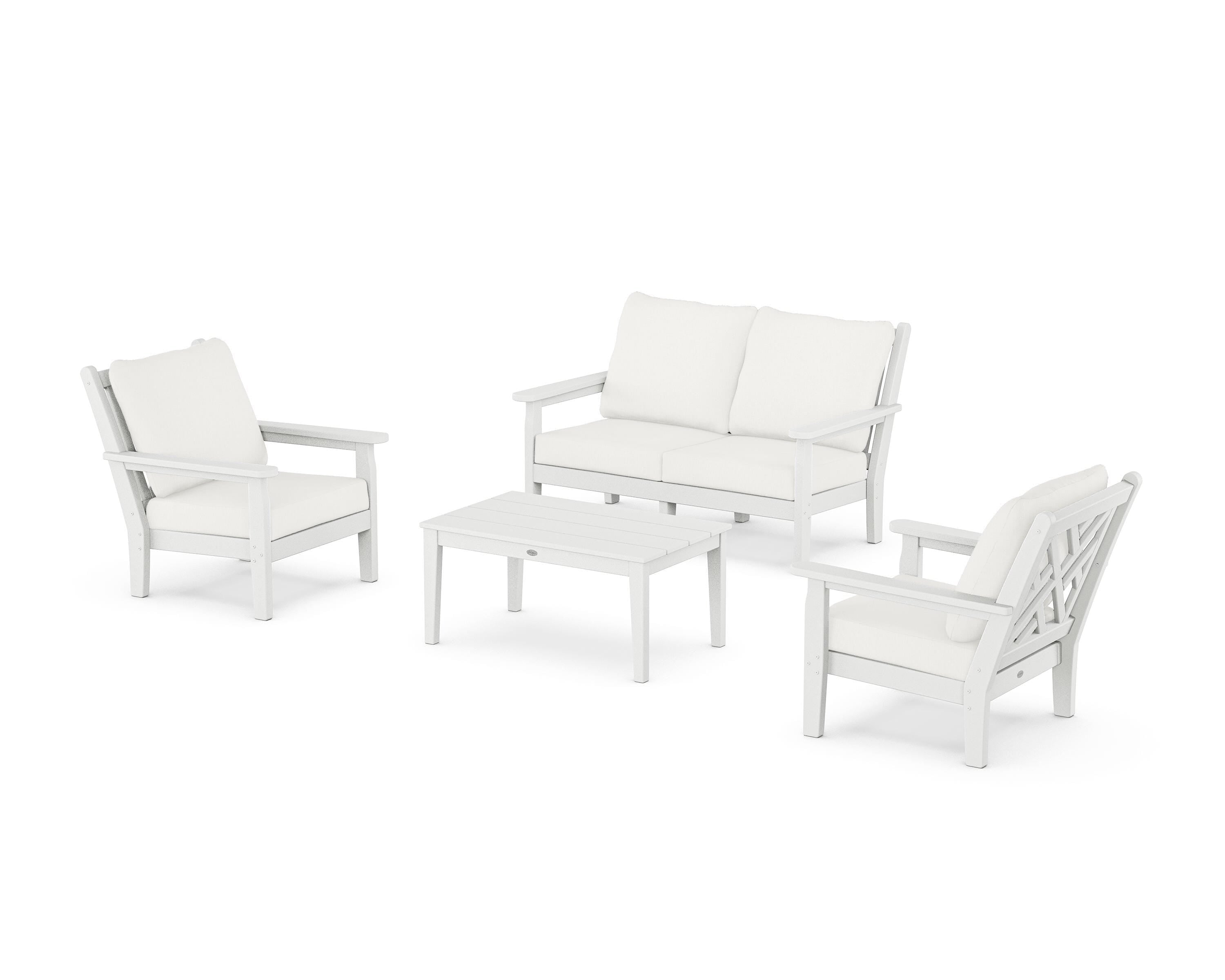 POLYWOOD® Chippendale 4-Piece Deep Seating Set with Loveseat in White / Natural Linen