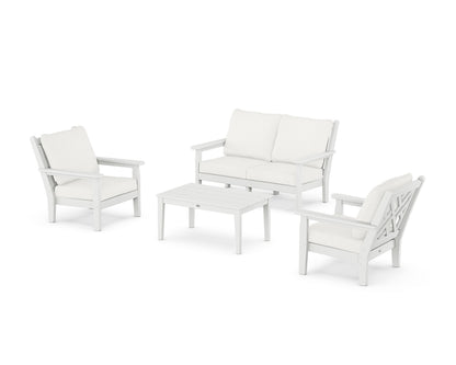 POLYWOOD® Chippendale 4-Piece Deep Seating Set with Loveseat in White / Natural Linen