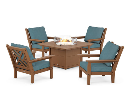 POLYWOOD® Chippendale 5-Piece Deep Seating Set with Fire Pit Table in Teak / Ocean Teal