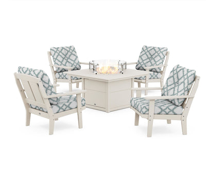 POLYWOOD® Mission 5-Piece Deep Seating Set with Fire Pit Table in Sand / Trellis Glacier Spa