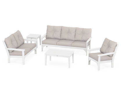 POLYWOOD® Vineyard 5 Piece Deep Seating Set in White / Dune Burlap