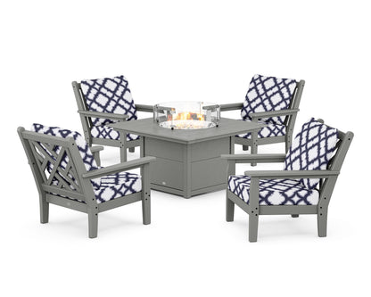 POLYWOOD® Chippendale 5-Piece Deep Seating Set with Fire Pit Table in Slate Grey / Trellis Navy