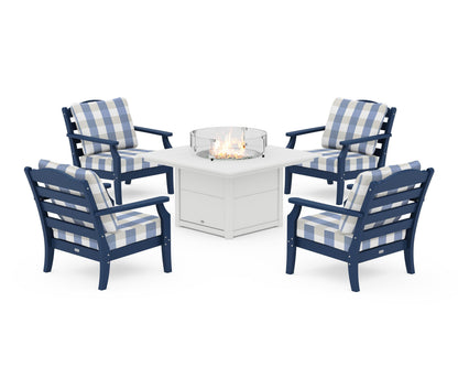 Draper James™ by  POLYWOOD® Savannah 5-Piece Deep Seating Set with Fire Pit Table in Navy / Buffalo Plaid Sky Blue