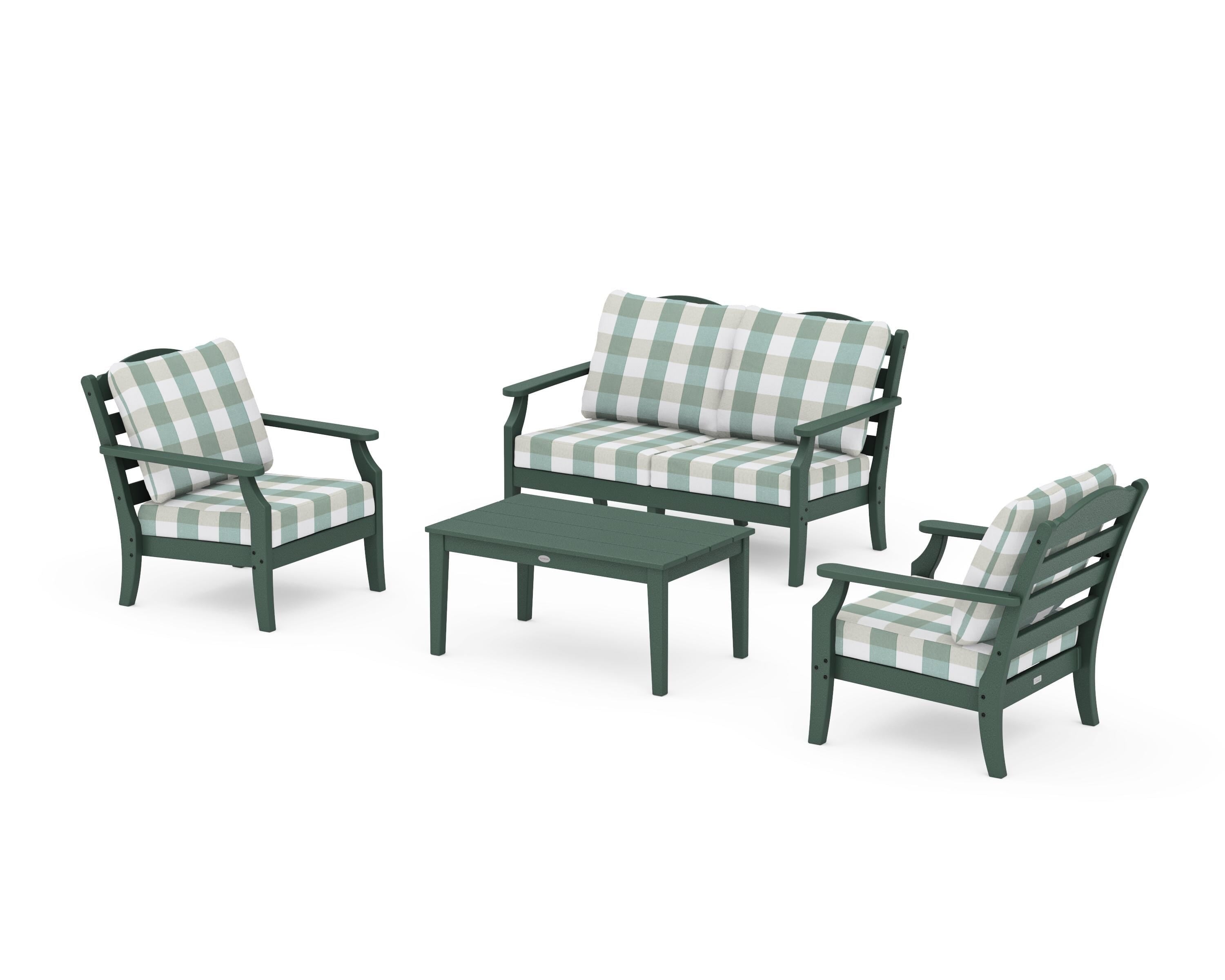 Draper James™ by  POLYWOOD® Savannah 4-Piece Deep Seating Set with Loveseat in Green / Buffalo Plaid Glacier Spa