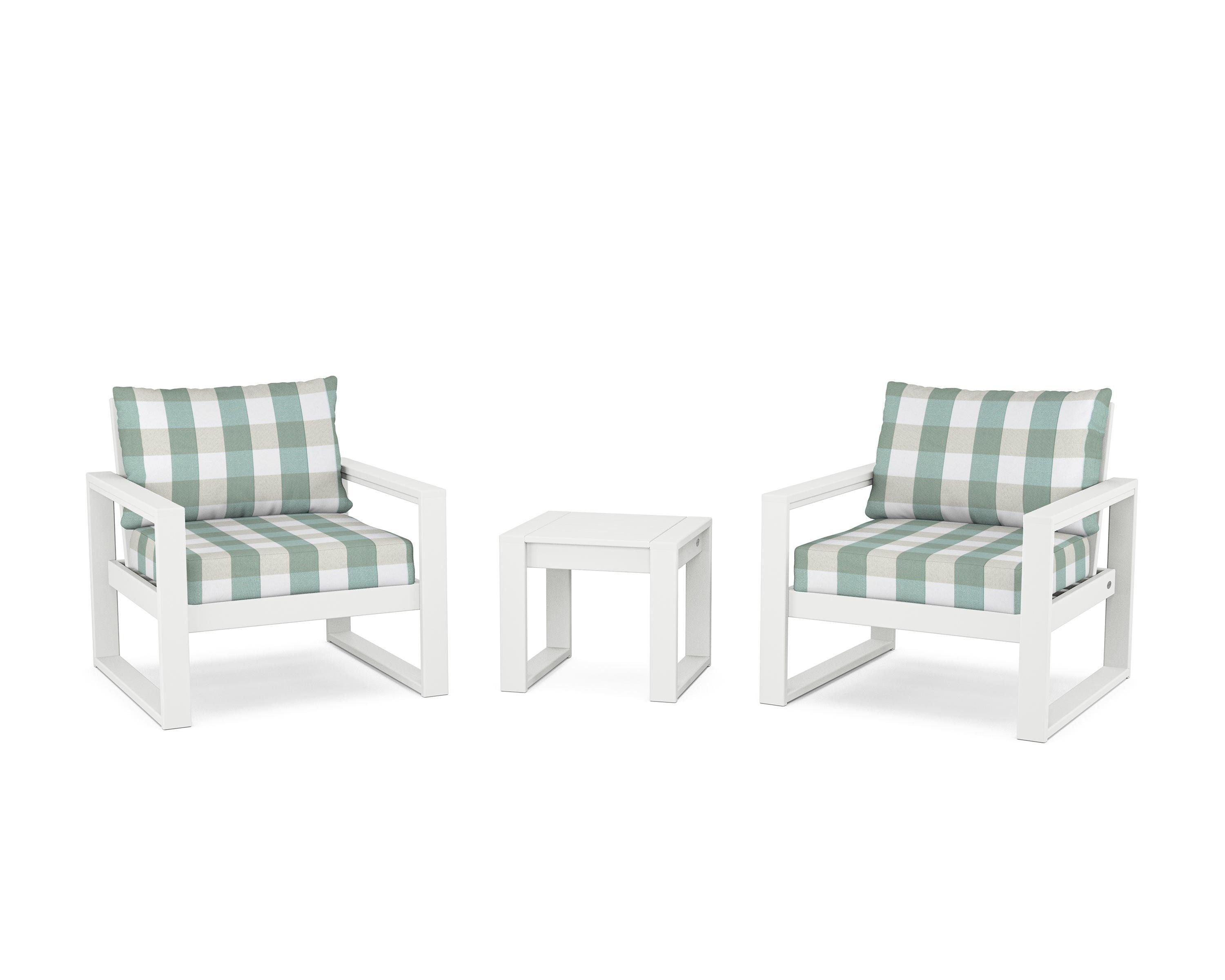 POLYWOOD® EDGE Sectional 3-Piece Deep Seating Set in White / Buffalo Plaid Glacier Spa