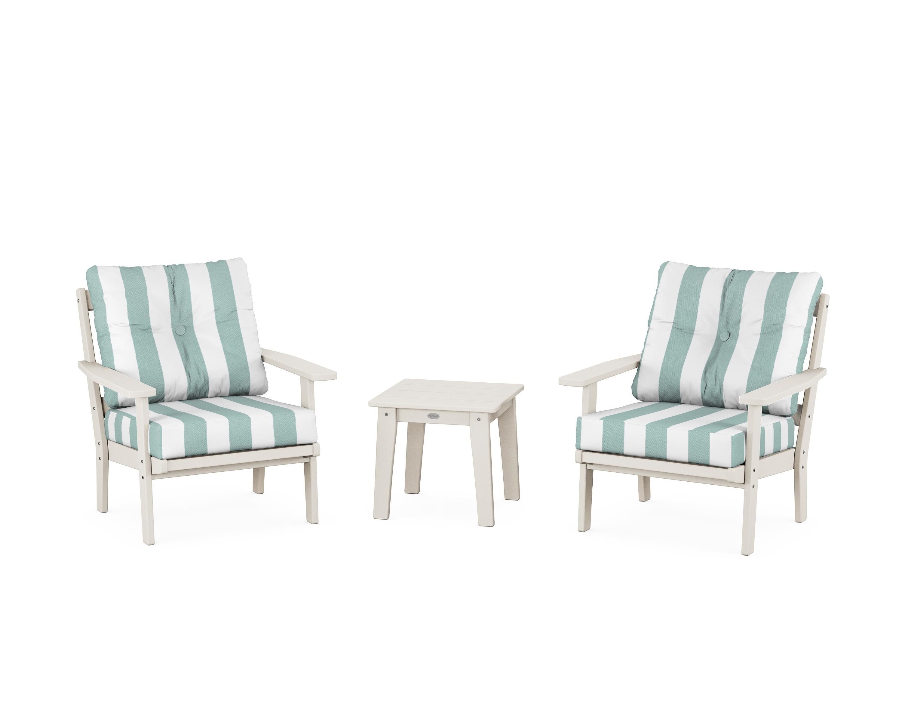 POLYWOOD® Oxford 3-Piece Deep Seating Set in Sand / Cabana Stripe Glacier Spa