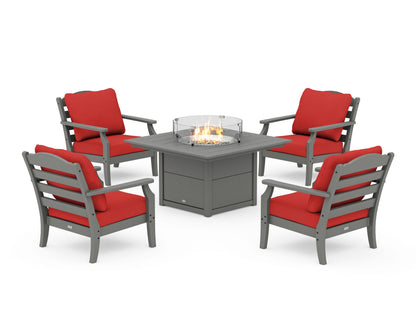 Draper James™ by  POLYWOOD® Savannah 5-Piece Deep Seating Set with Fire Pit Table in Slate Grey / Crimson Linen