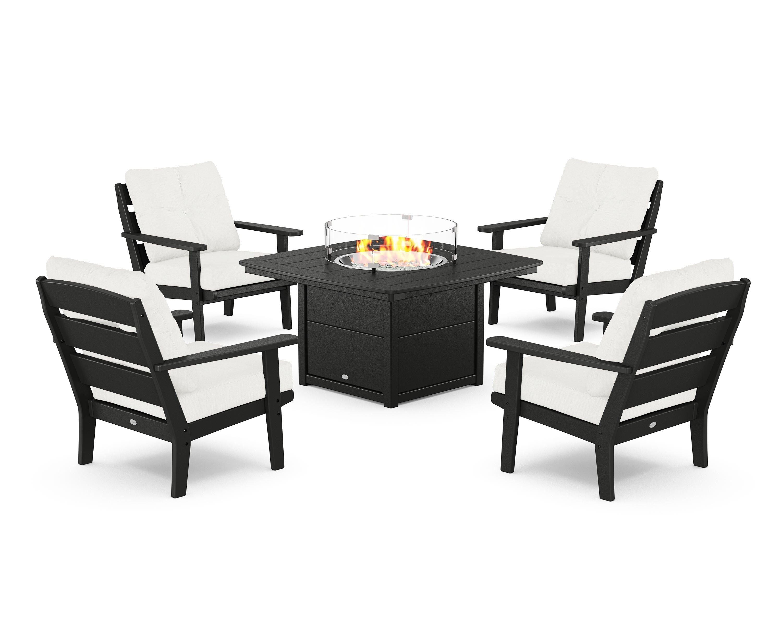 POLYWOOD® Lakeside 5-Piece Deep Seating Set with Nautical Fire Pit Table in Black / Natural Linen