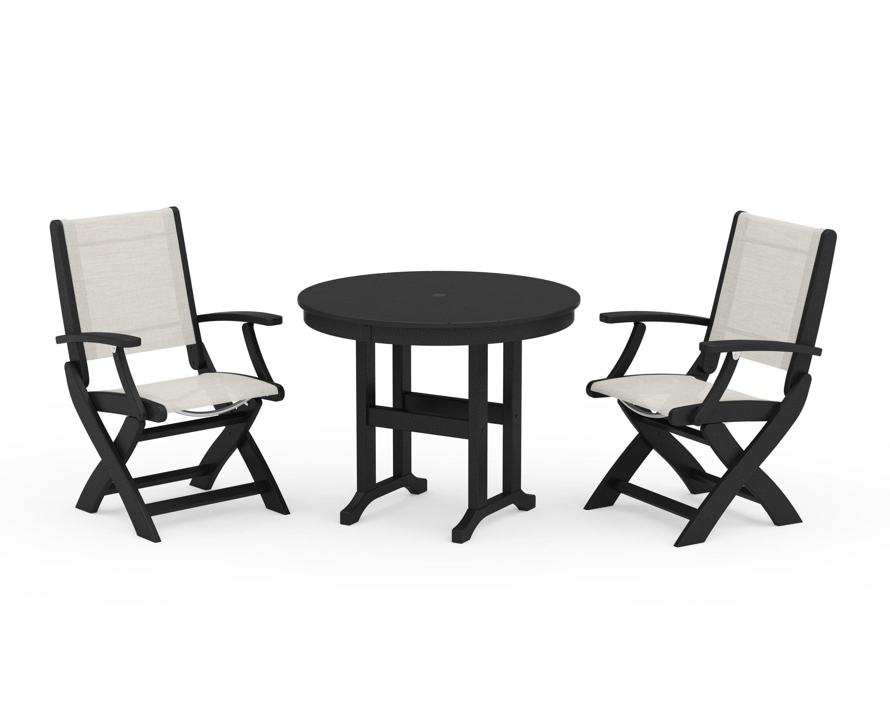 POLYWOOD® Coastal Folding Chair 3-Piece Round Dining Set in Black / Parchment Sling