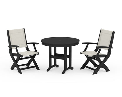 POLYWOOD® Coastal Folding Chair 3-Piece Round Dining Set in Black / Parchment Sling