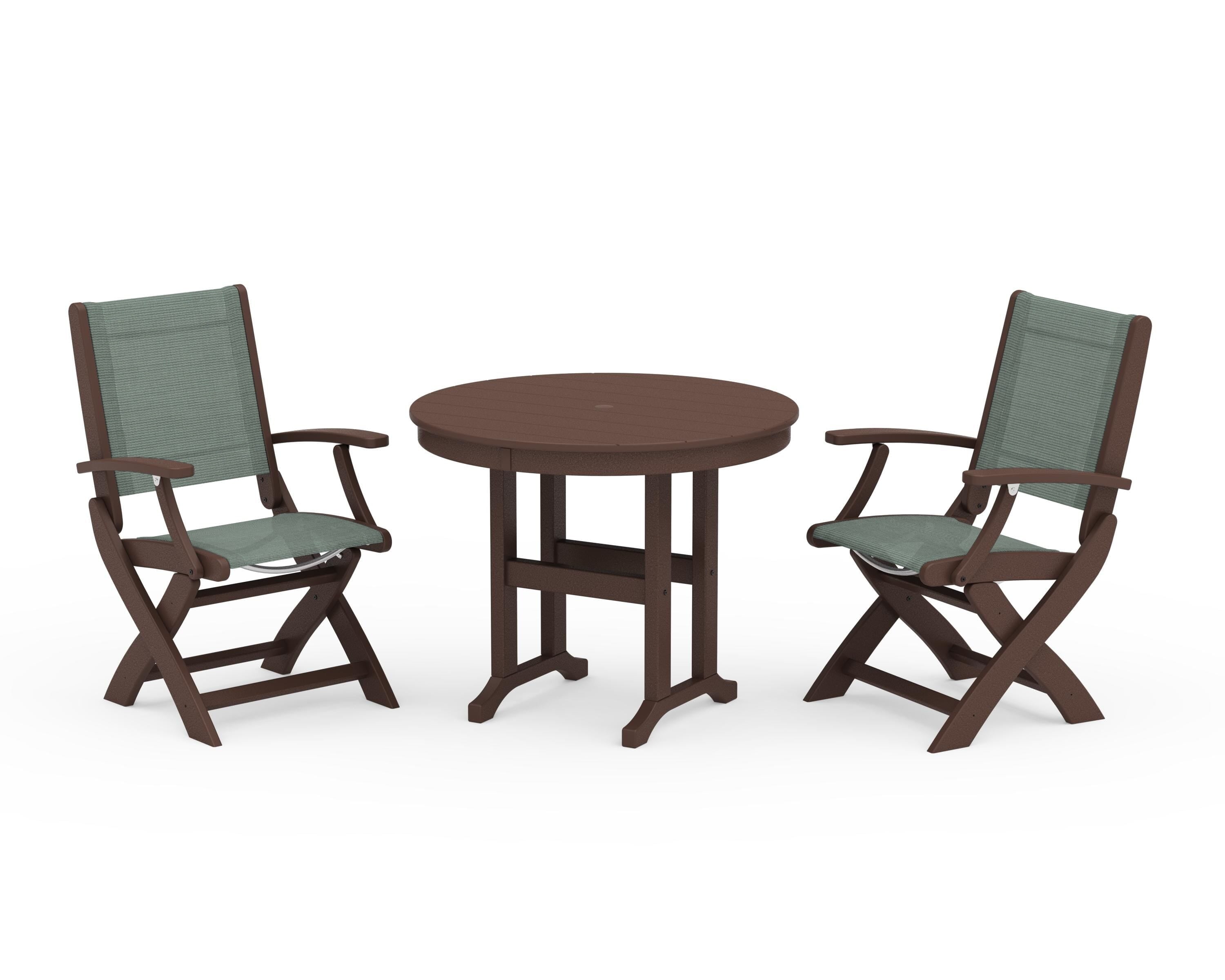 POLYWOOD® Coastal Folding Chair 3-Piece Round Dining Set in Mahogany / Dupioni Sea Mist Sling