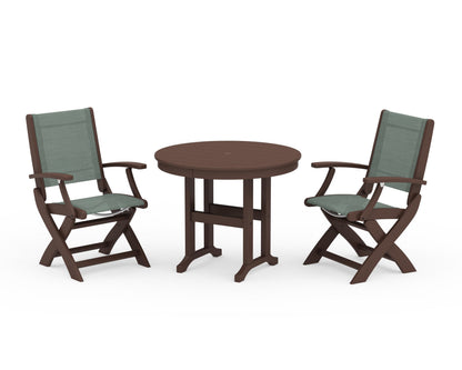 POLYWOOD® Coastal Folding Chair 3-Piece Round Dining Set in Mahogany / Dupioni Sea Mist Sling