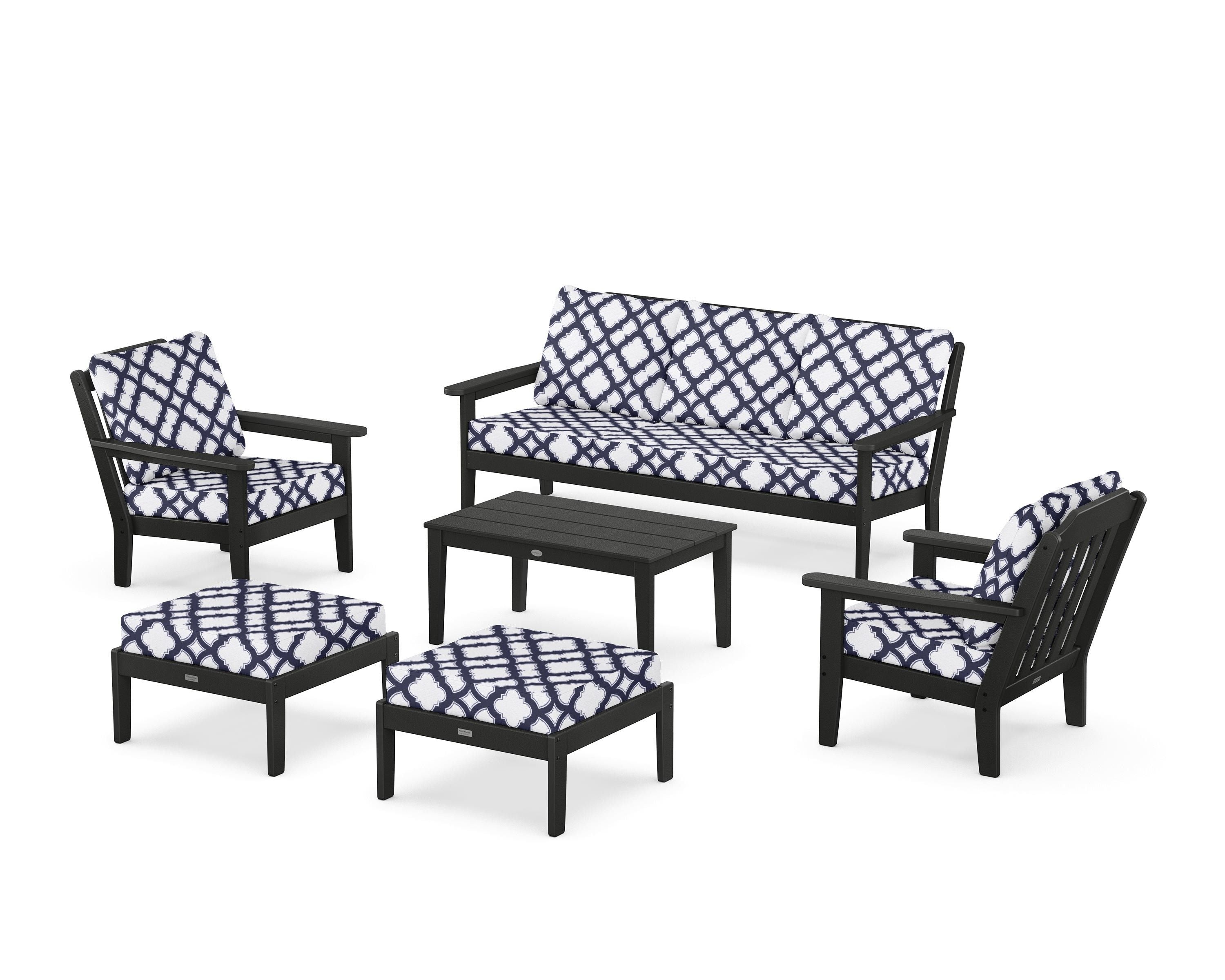 Country Living Cottage 6-Piece Lounge Sofa Set in Black / Trellis Navy