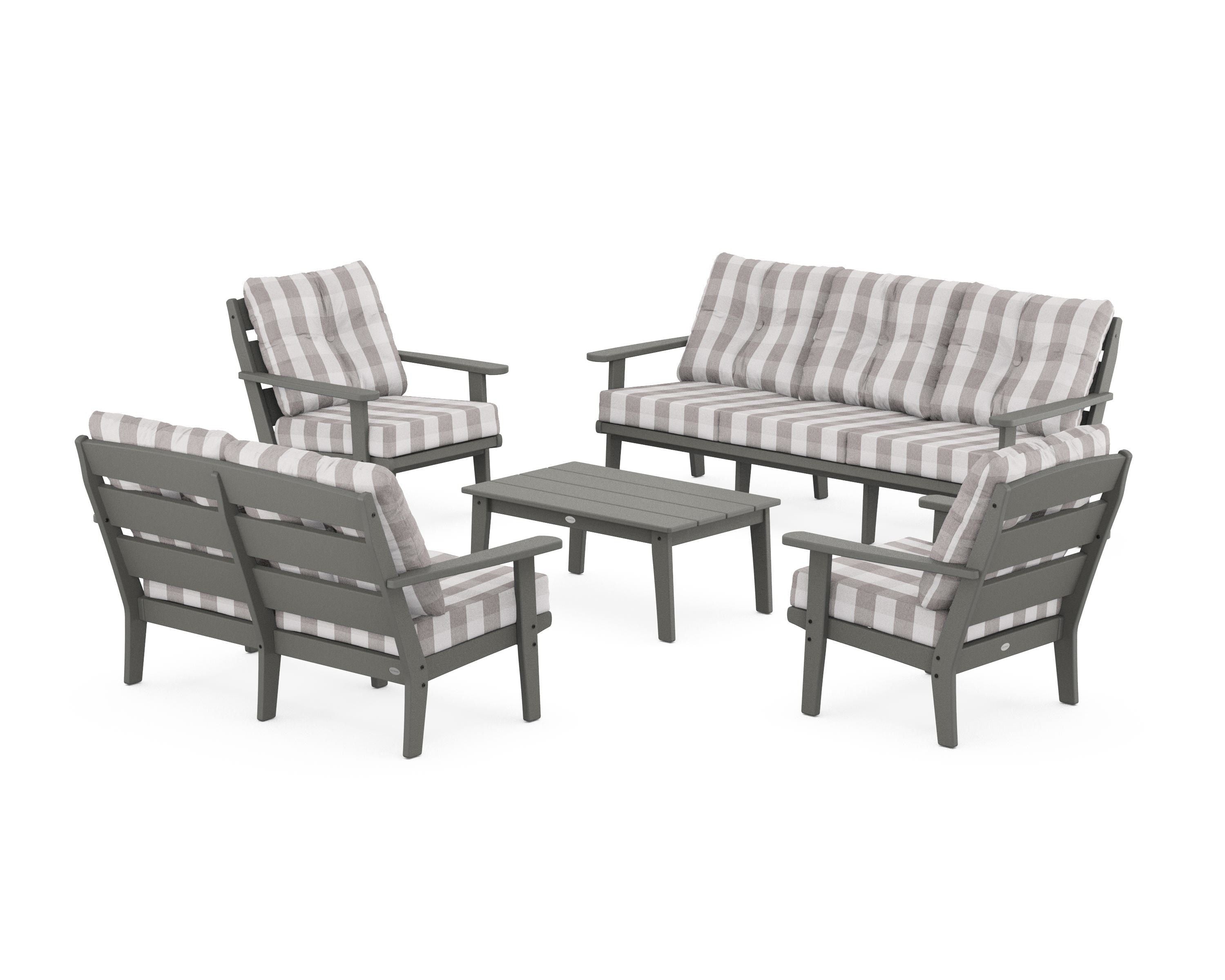 POLYWOOD® Lakeside 5-Piece Lounge Sofa Set in Slate Grey / Buffalo Plaid Grey Mist