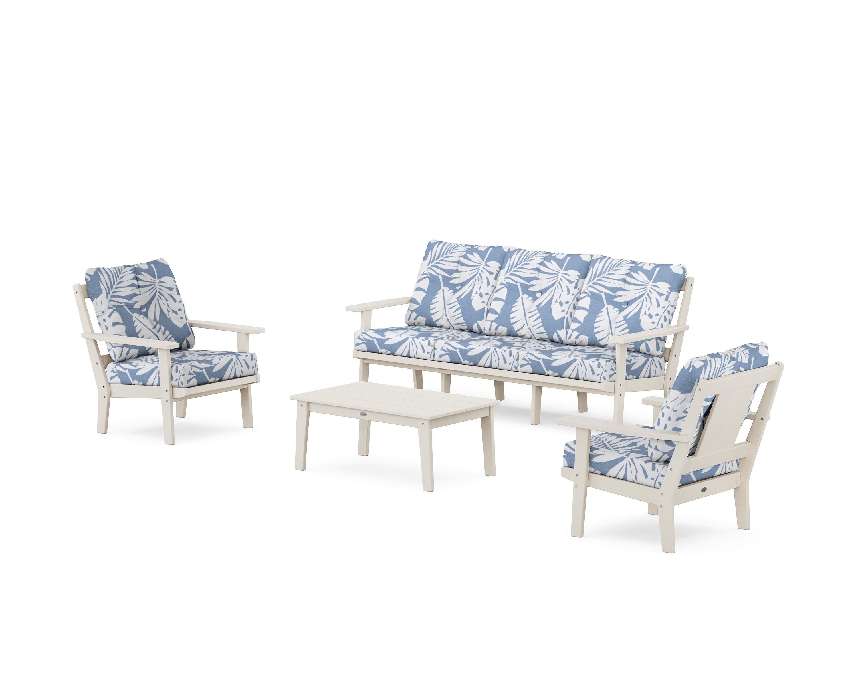 POLYWOOD® Prairie 4-Piece Deep Seating Set with Sofa in Sand / Leaf Sky Blue