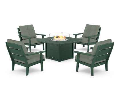 POLYWOOD® Lakeside 5-Piece Deep Seating Set with Nautical Fire Pit Table in Green / Cast Sage