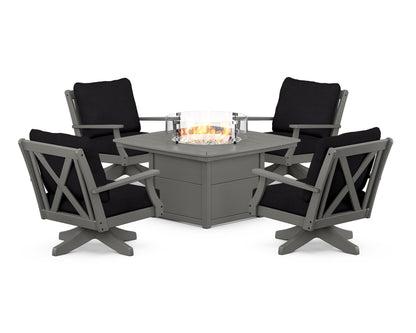 POLYWOOD® Braxton 5-Piece Deep Seating Swivel Conversation Set with Fire Pit Table in Slate Grey / Midnight Linen