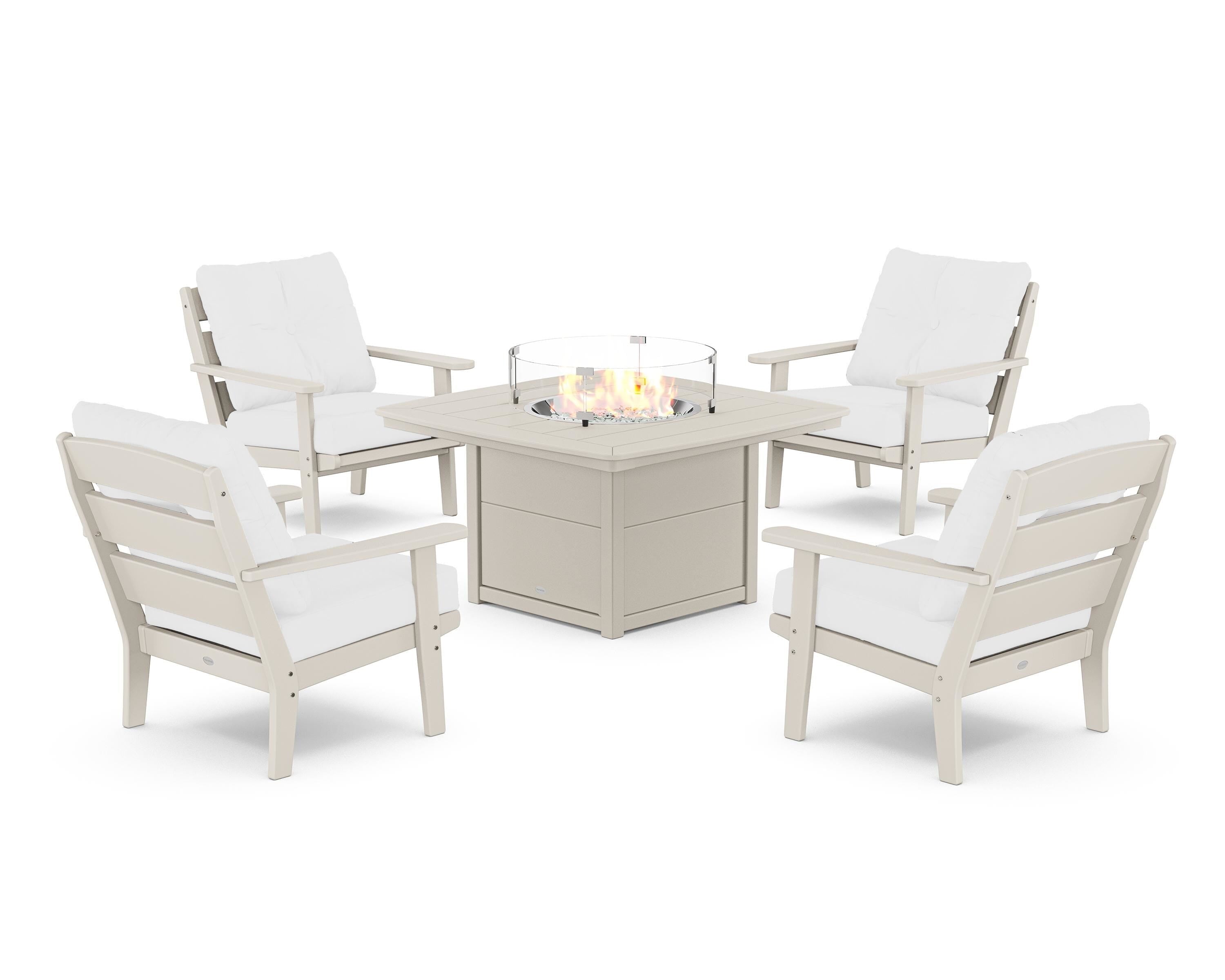 POLYWOOD® Lakeside 5-Piece Deep Seating Set with Nautical Fire Pit Table in Sand / Natural