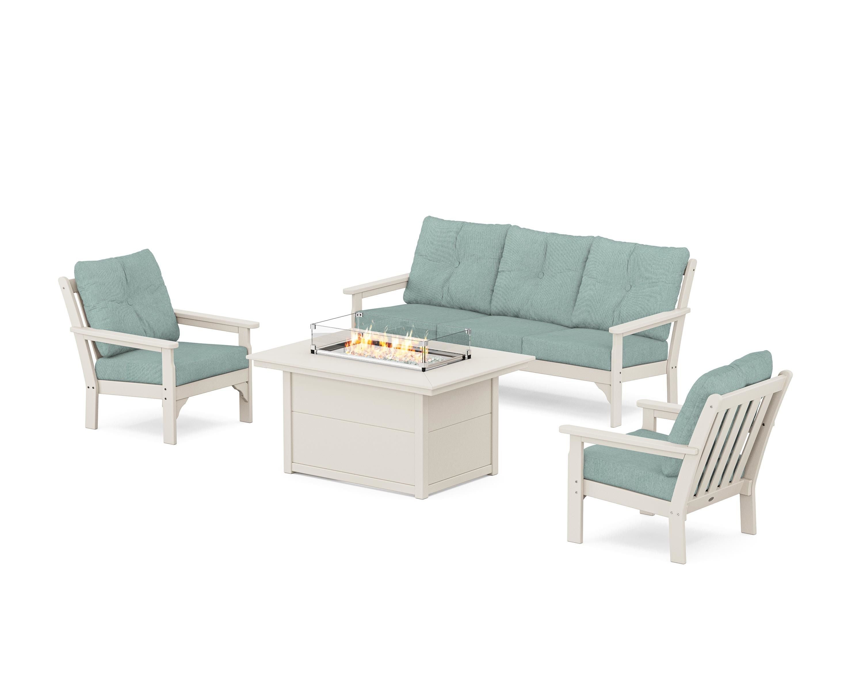 POLYWOOD® Vineyard Deep Seating Fire Pit Table Set in Sand / Glacier Spa