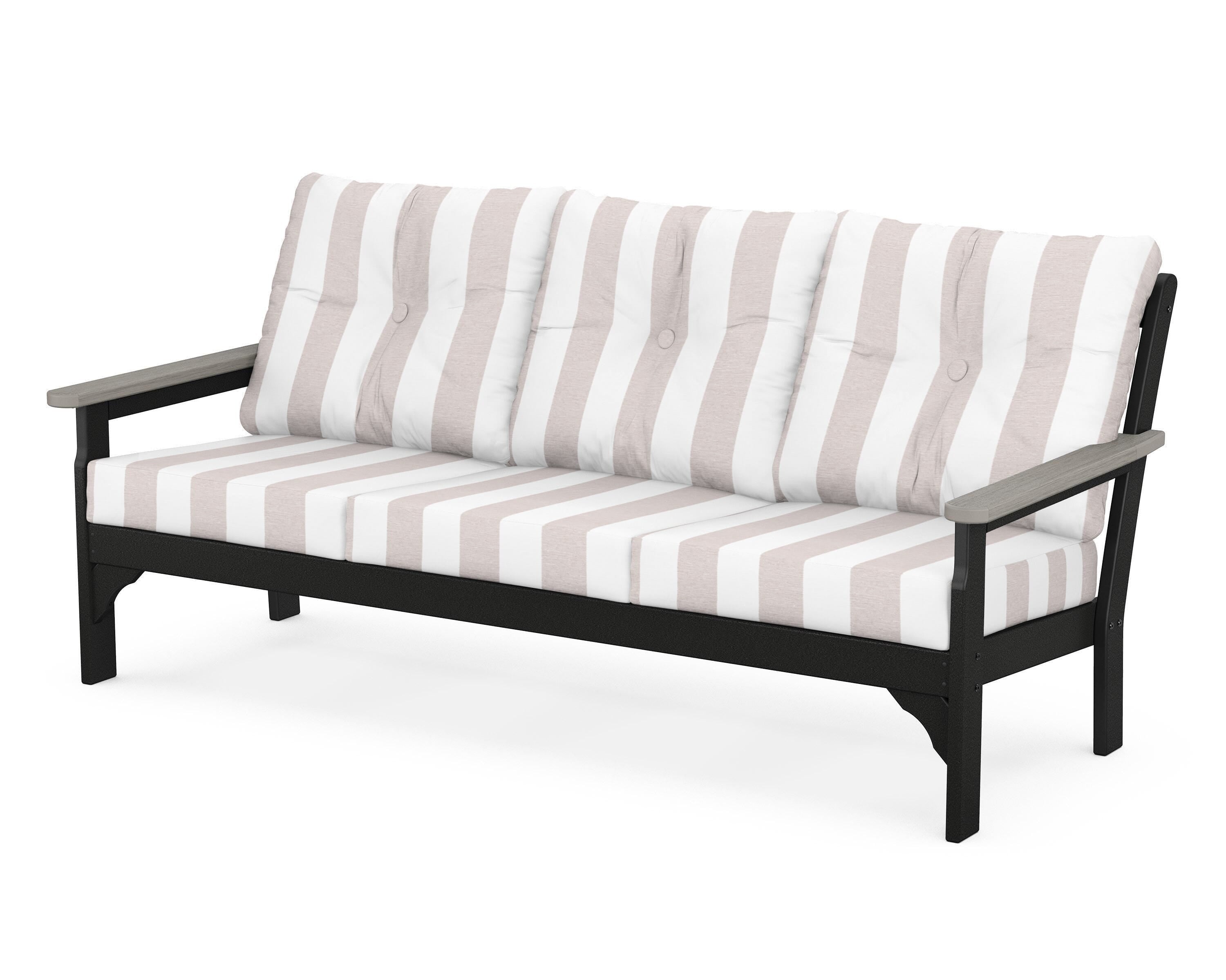 POLYWOOD® Vineyard Deep Seating Sofa in Black / Driftwood / Cabana Stripe Dune Burlap
