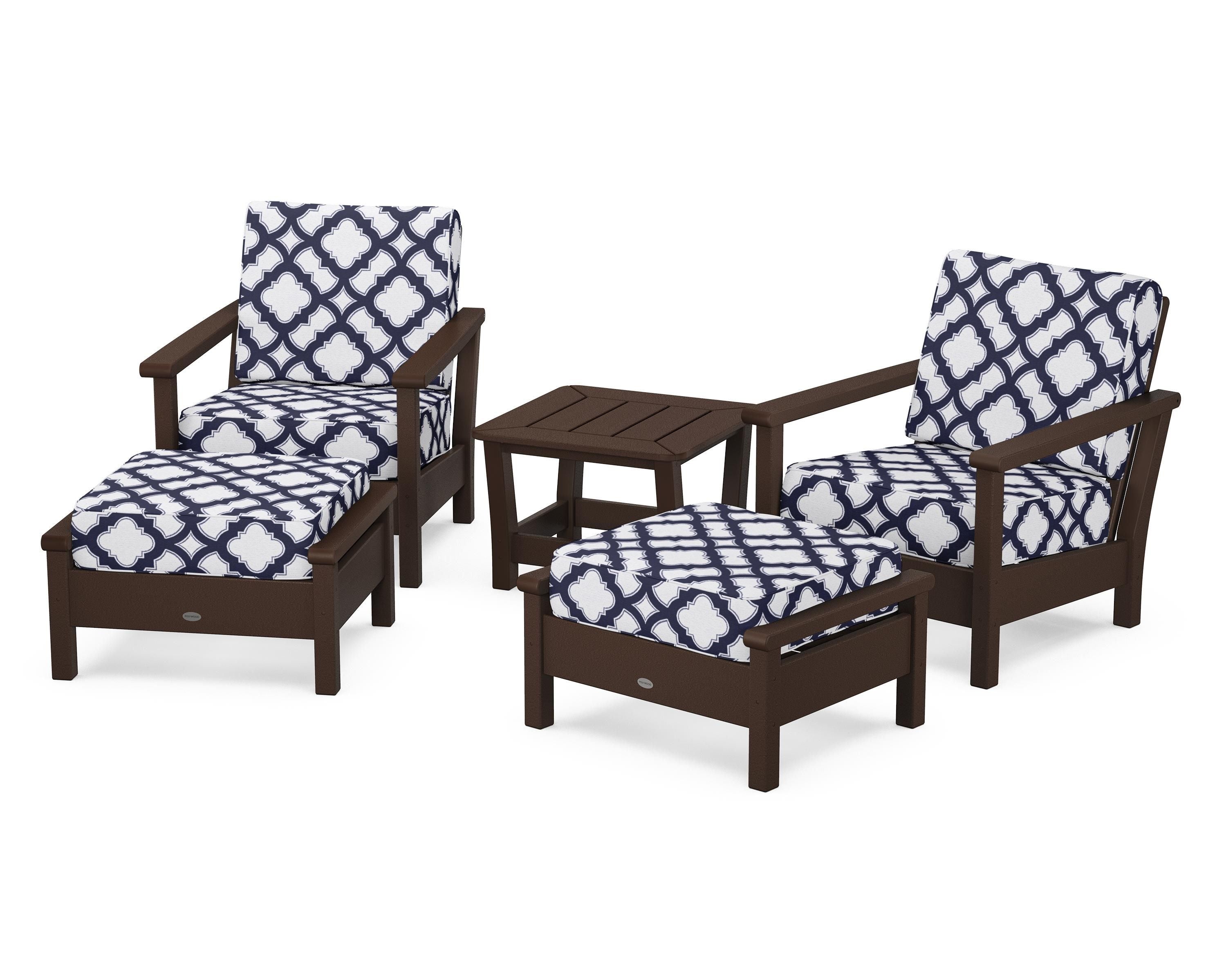 POLYWOOD® Harbour 5-Piece Deep Seating Chair Set in Mahogany / Trellis Navy