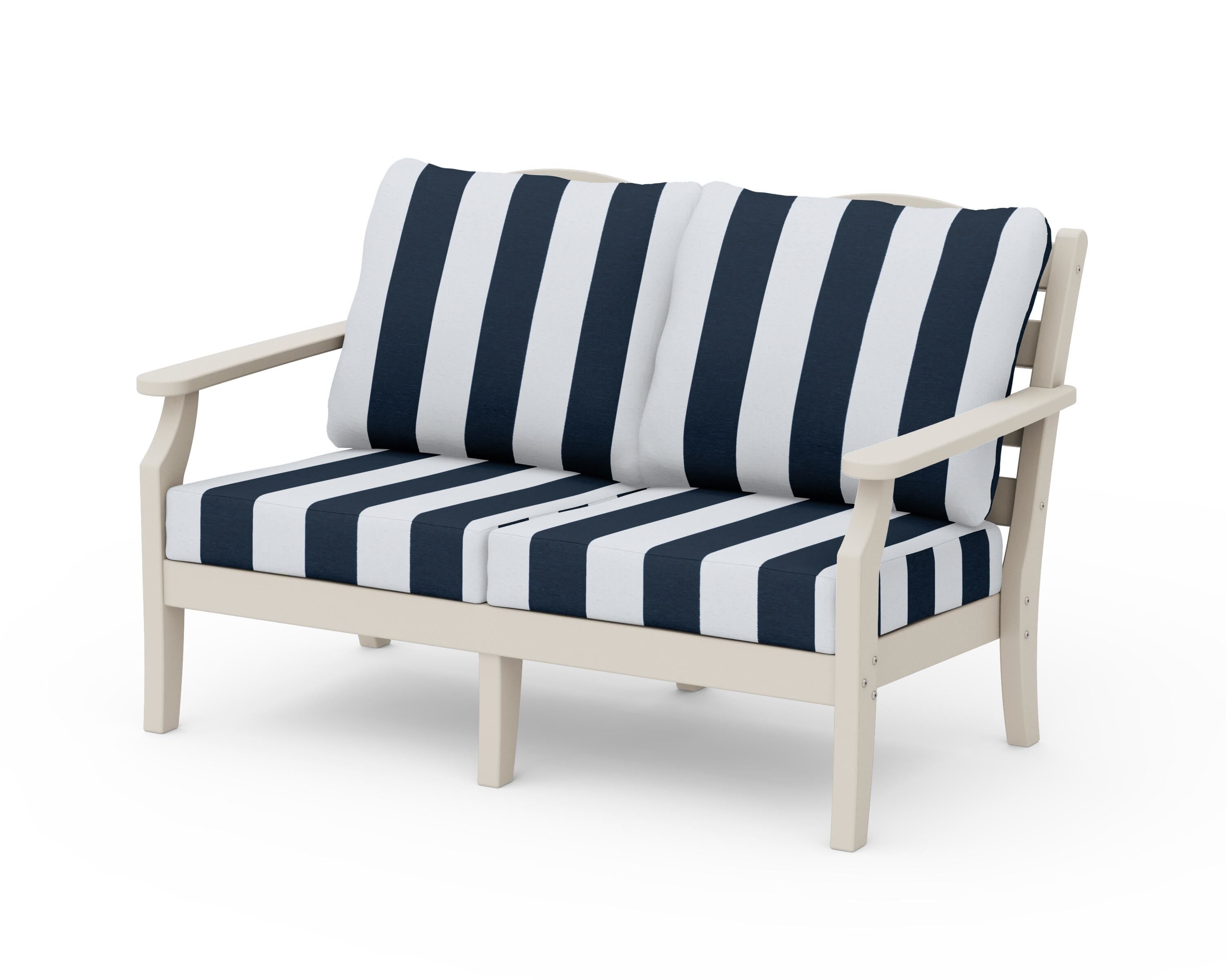 Draper James™ by  POLYWOOD® Savannah Deep Seating Loveseat in Sand / Cabana Stripe Marine Indigo