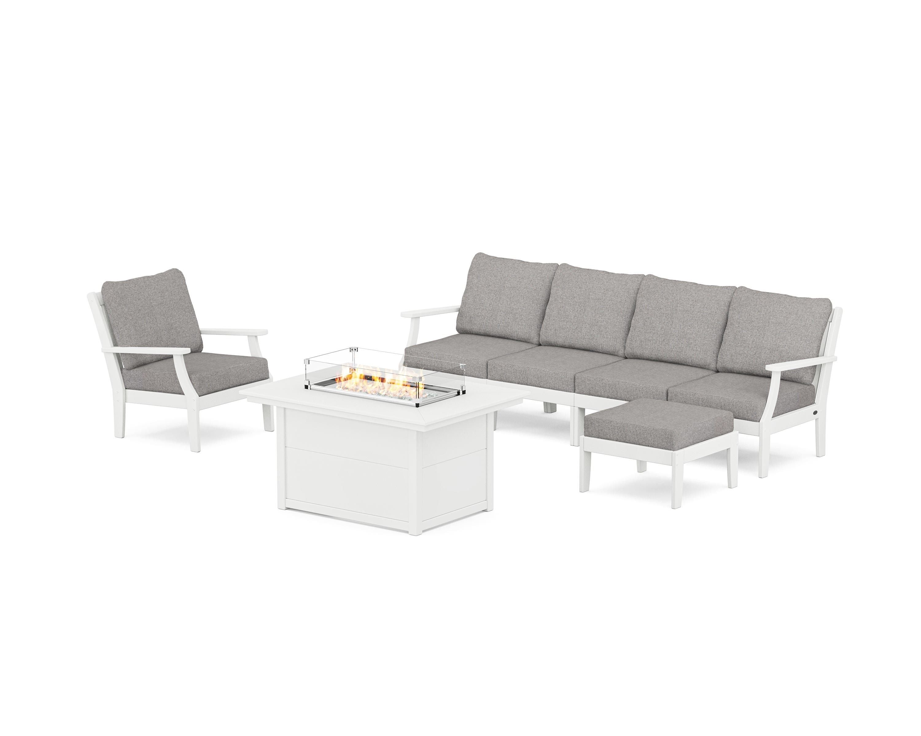 POLYWOOD® Braxton Sectional Lounge and Fire Pit Set in White / Grey Mist
