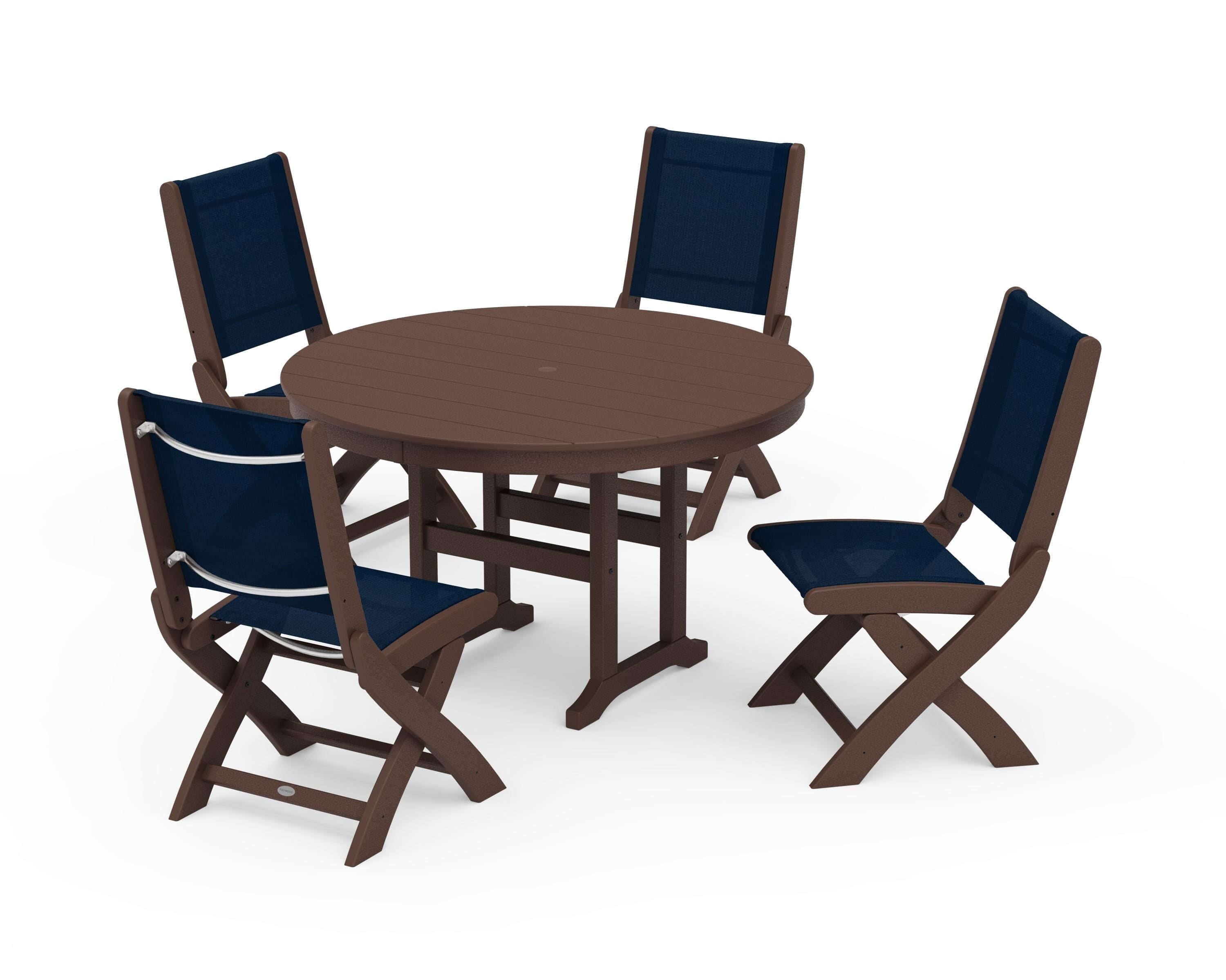 POLYWOOD® Coastal Folding Side Chair 5-Piece Round Dining Set in Mahogany / Navy Blue Sling