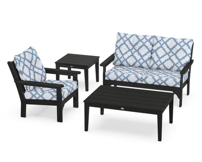 POLYWOOD® Vineyard 4-Piece Deep Seating Set in Black / Trellis Sky Blue
