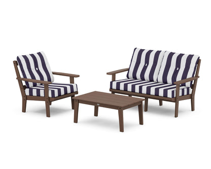 POLYWOOD® Oxford 3-Piece Deep Seating Set with Loveseat in Mahogany / Cabana Stripe Navy