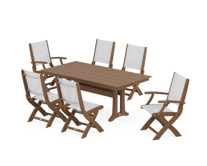 POLYWOOD® Coastal Folding Chair 7-Piece Farmhouse Dining Set with Trestle Legs in Teak / White Sling