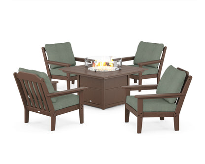 Country Living Cottage 5-Piece Deep Seating Set with Fire Pit Table in Mahogany / Cast Sage