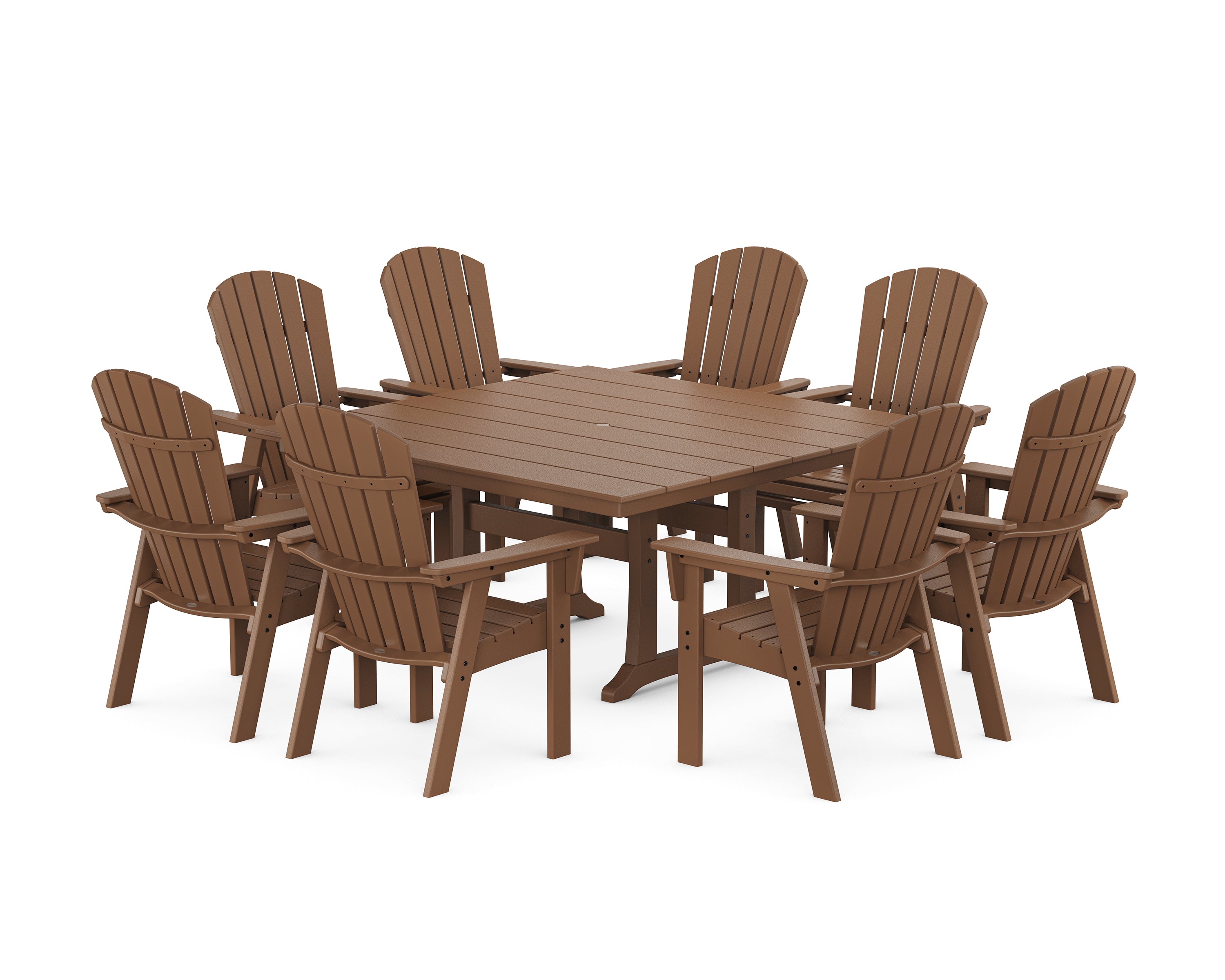 POLYWOOD® Nautical Curveback Adirondack 9-Piece Square Dining Set with Trestle Legs in Teak