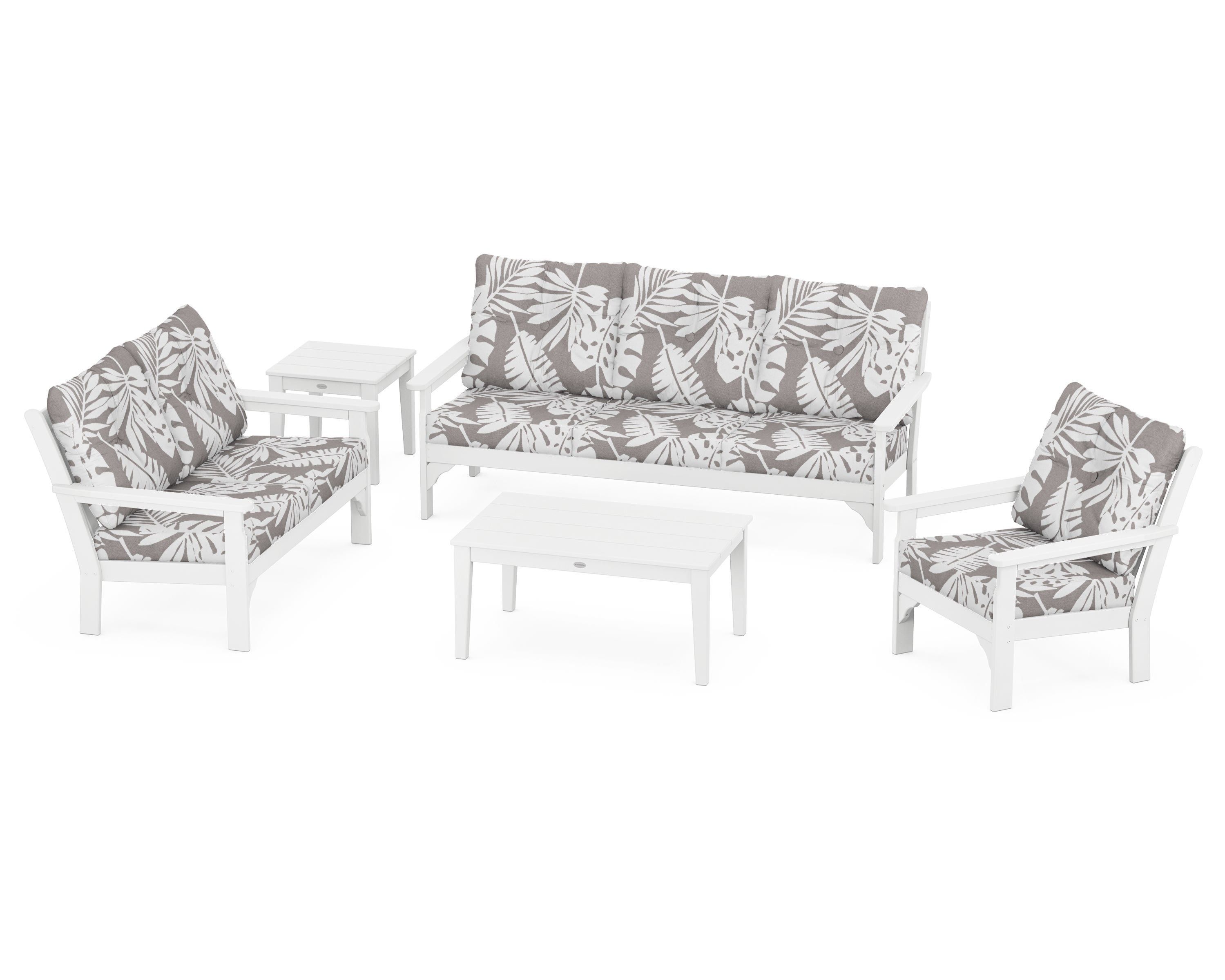 POLYWOOD® Vineyard 5 Piece Deep Seating Set in White / Leaf Grey Mist