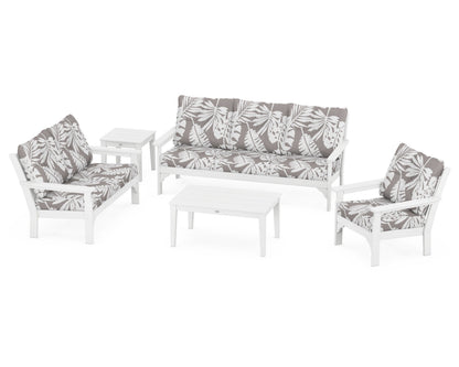 POLYWOOD® Vineyard 5 Piece Deep Seating Set in White / Leaf Grey Mist