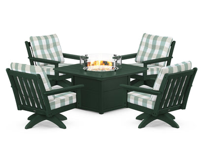 POLYWOOD® Vineyard 5-Piece Deep Seating Swivel Conversation Set with Fire Pit Table in Green / Buffalo Plaid Glacier Spa