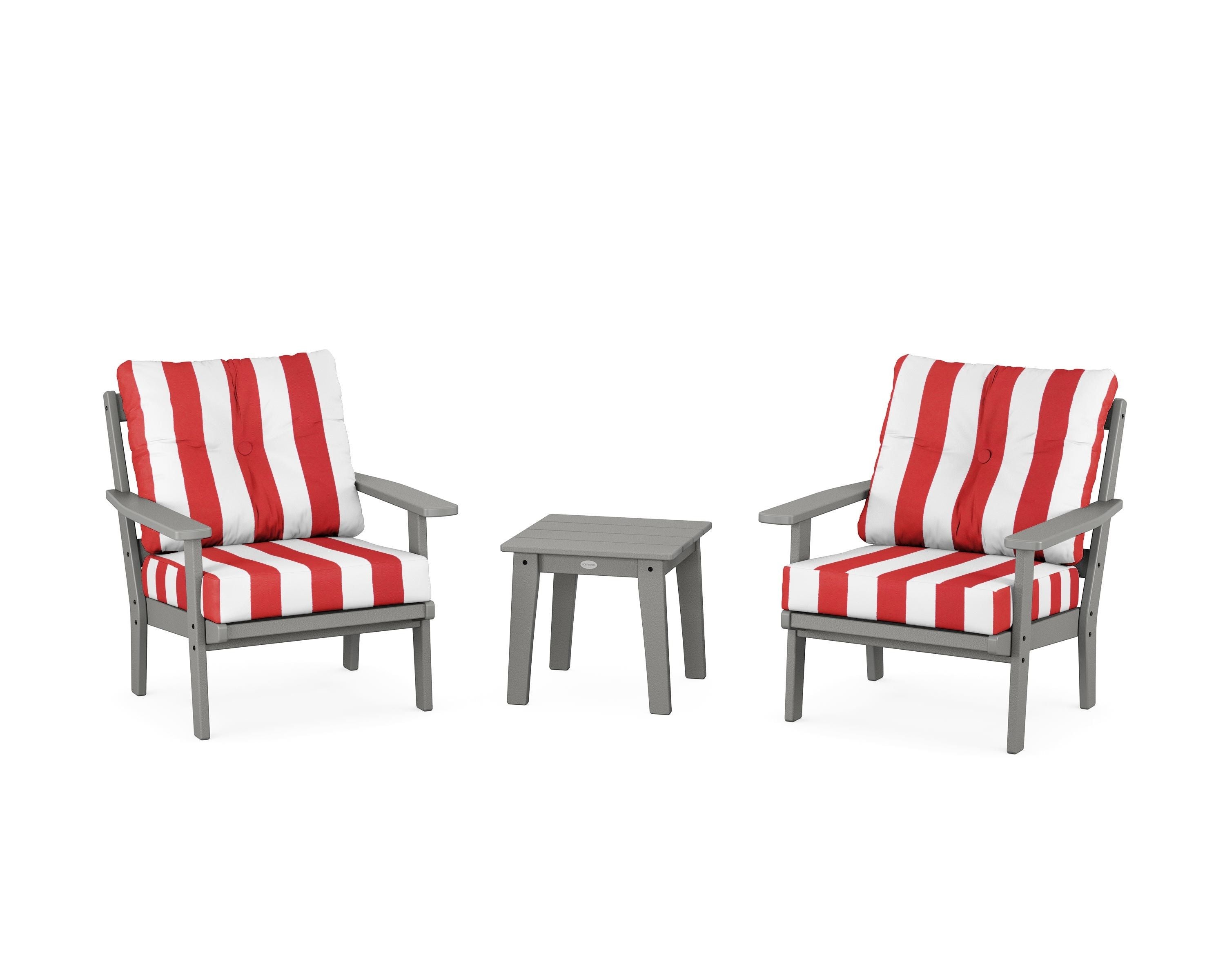 POLYWOOD® Oxford 3-Piece Deep Seating Set in Slate Grey / Cabana Stripe Crimson
