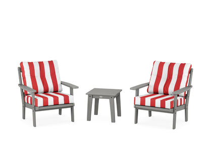 POLYWOOD® Oxford 3-Piece Deep Seating Set in Slate Grey / Cabana Stripe Crimson