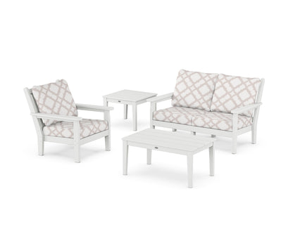 POLYWOOD® Chippendale 4-Piece Deep Seating Set in White / Trellis Dune Burlap