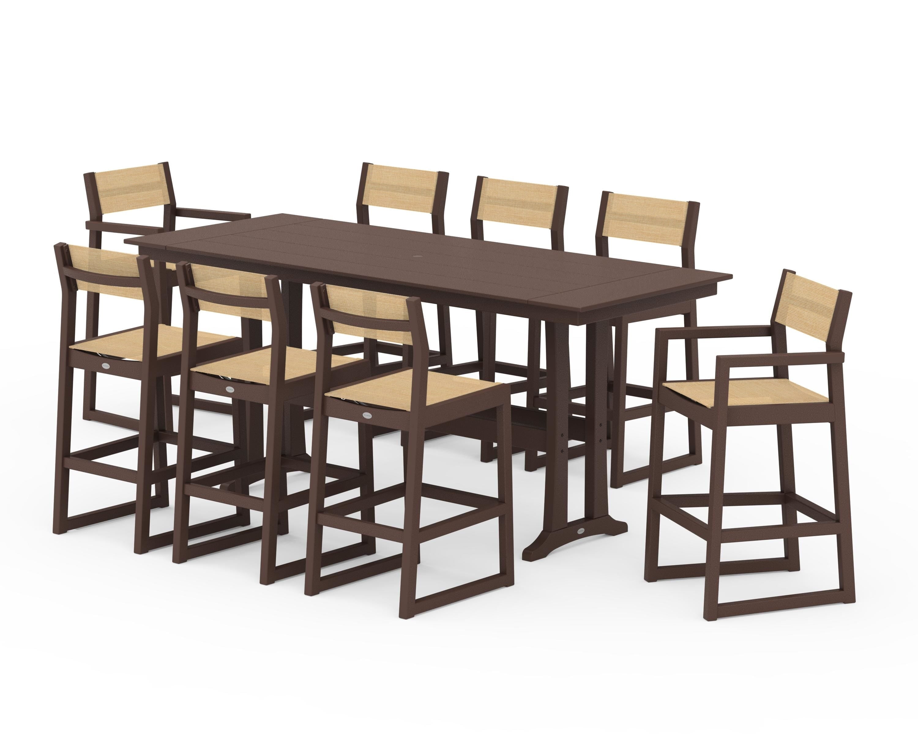 POLYWOOD® EDGE Sling 9-Piece Farmhouse Bar Set with Trestle Legs in Mahogany / Dupioni Apricot Sling