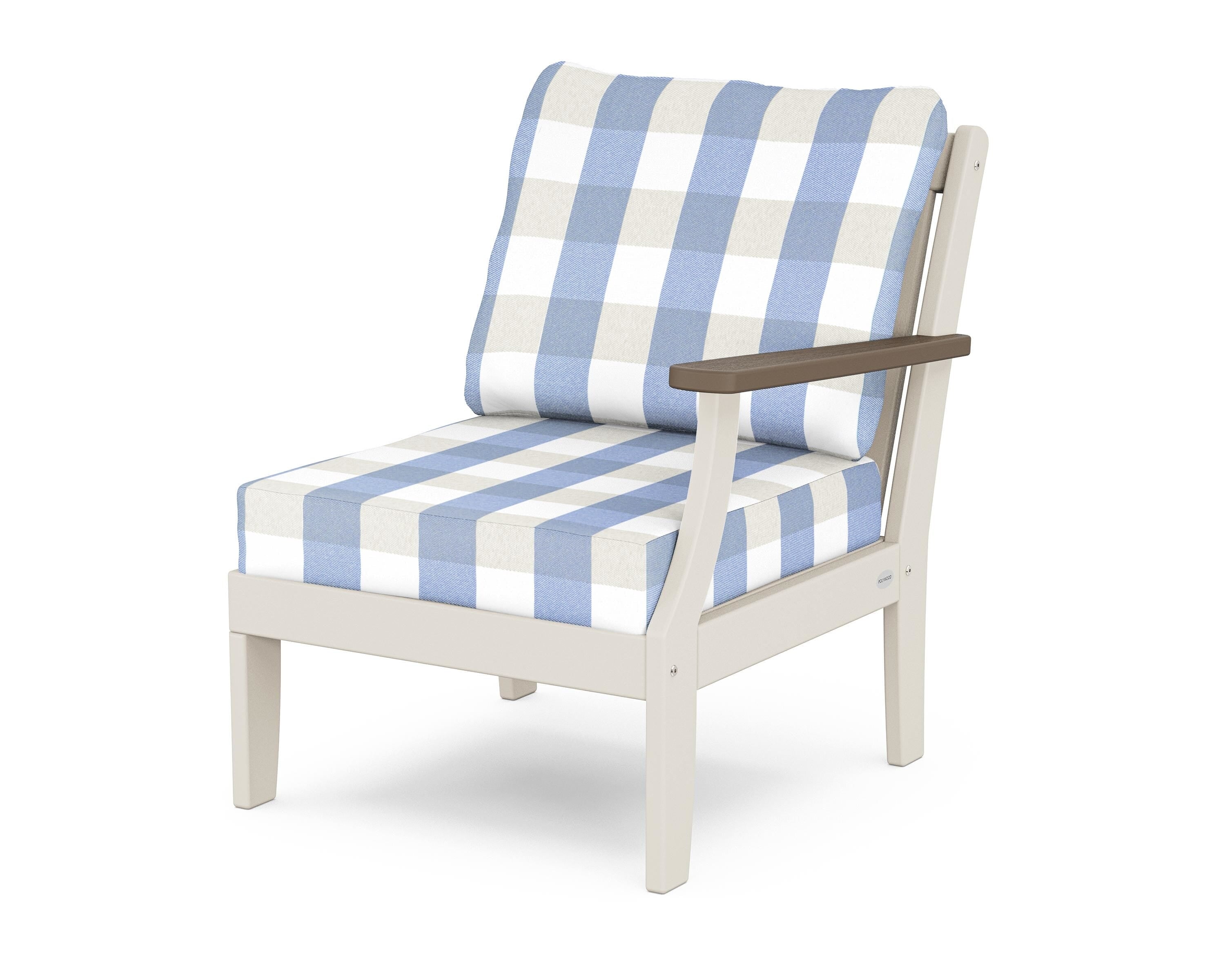 POLYWOOD® Braxton Modular Right Arm Chair in Sand / Kona / Buffalo Plaid Sky Blue