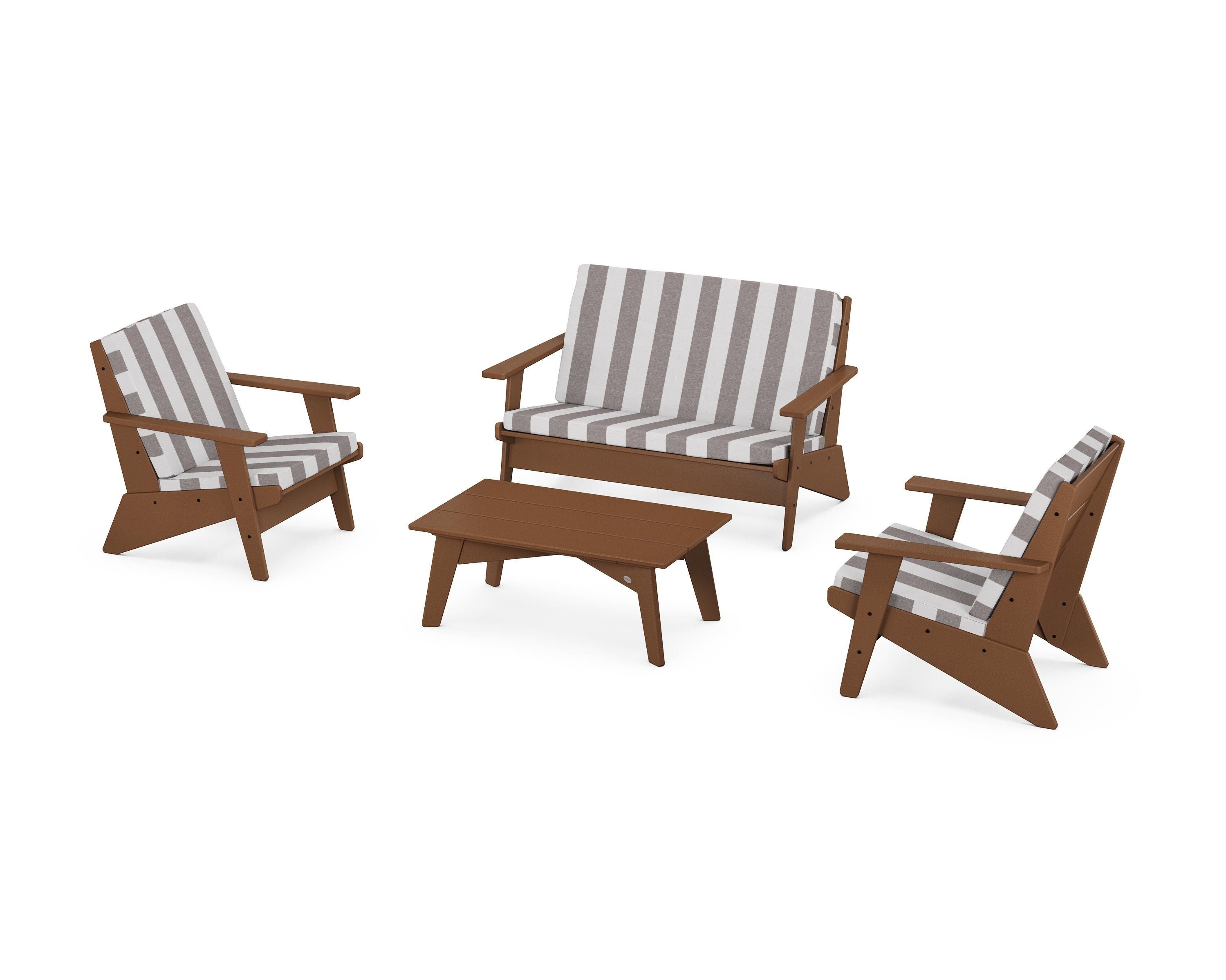 POLYWOOD® Riviera Modern Lounge 4-Piece Set in Teak / Cabana Stripe Grey Mist