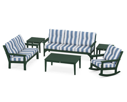 POLYWOOD® Vineyard 6-Piece Deep Seating Set in Green / Cabana Stripe Sky Blue