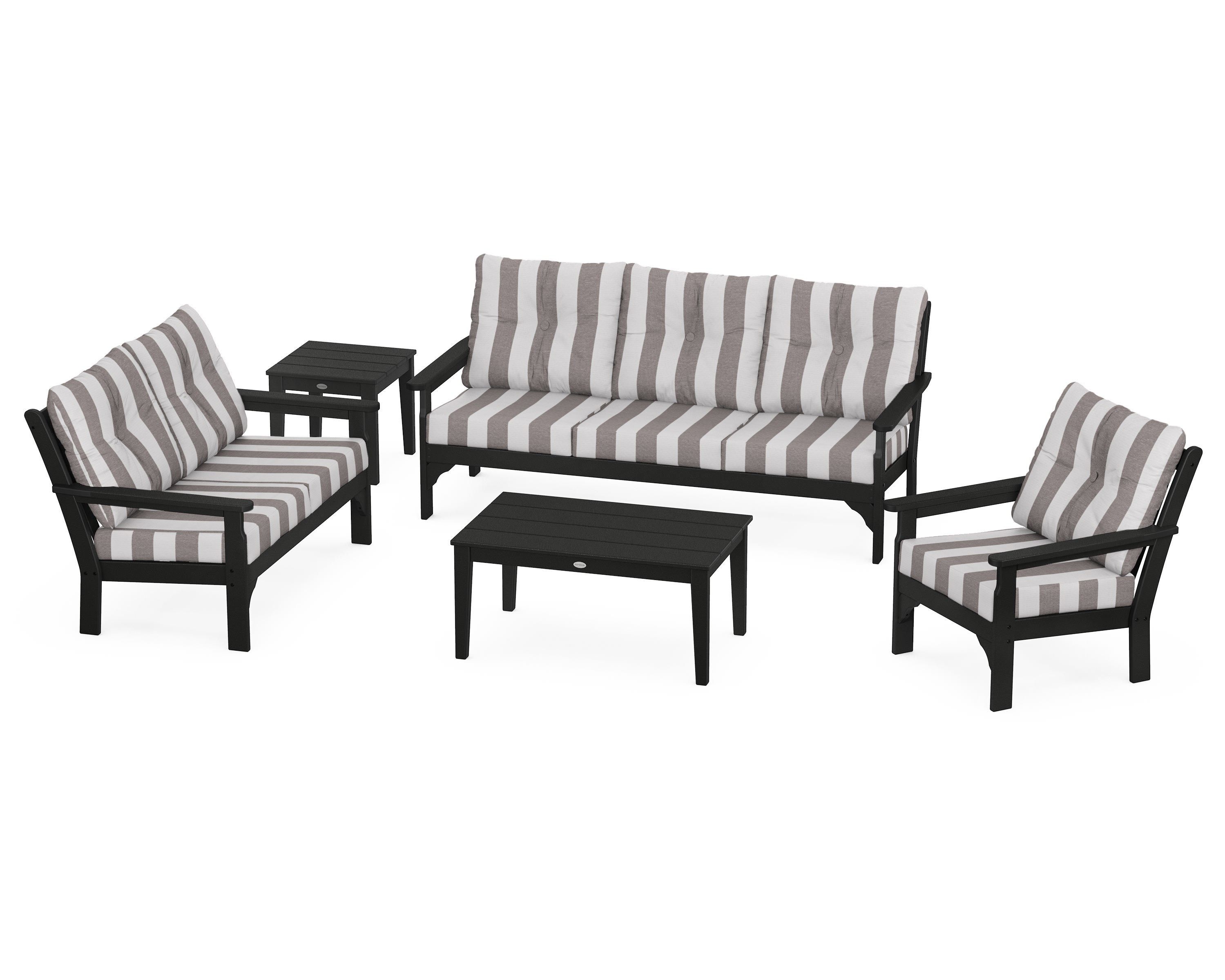 POLYWOOD® Vineyard 5 Piece Deep Seating Set in Black / Cabana Stripe Grey Mist