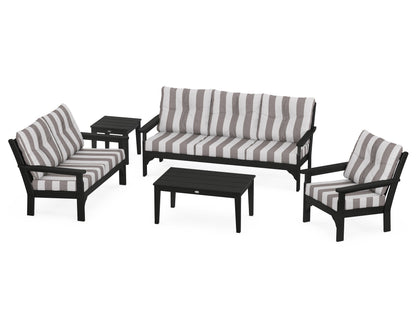 POLYWOOD® Vineyard 5 Piece Deep Seating Set in Black / Cabana Stripe Grey Mist