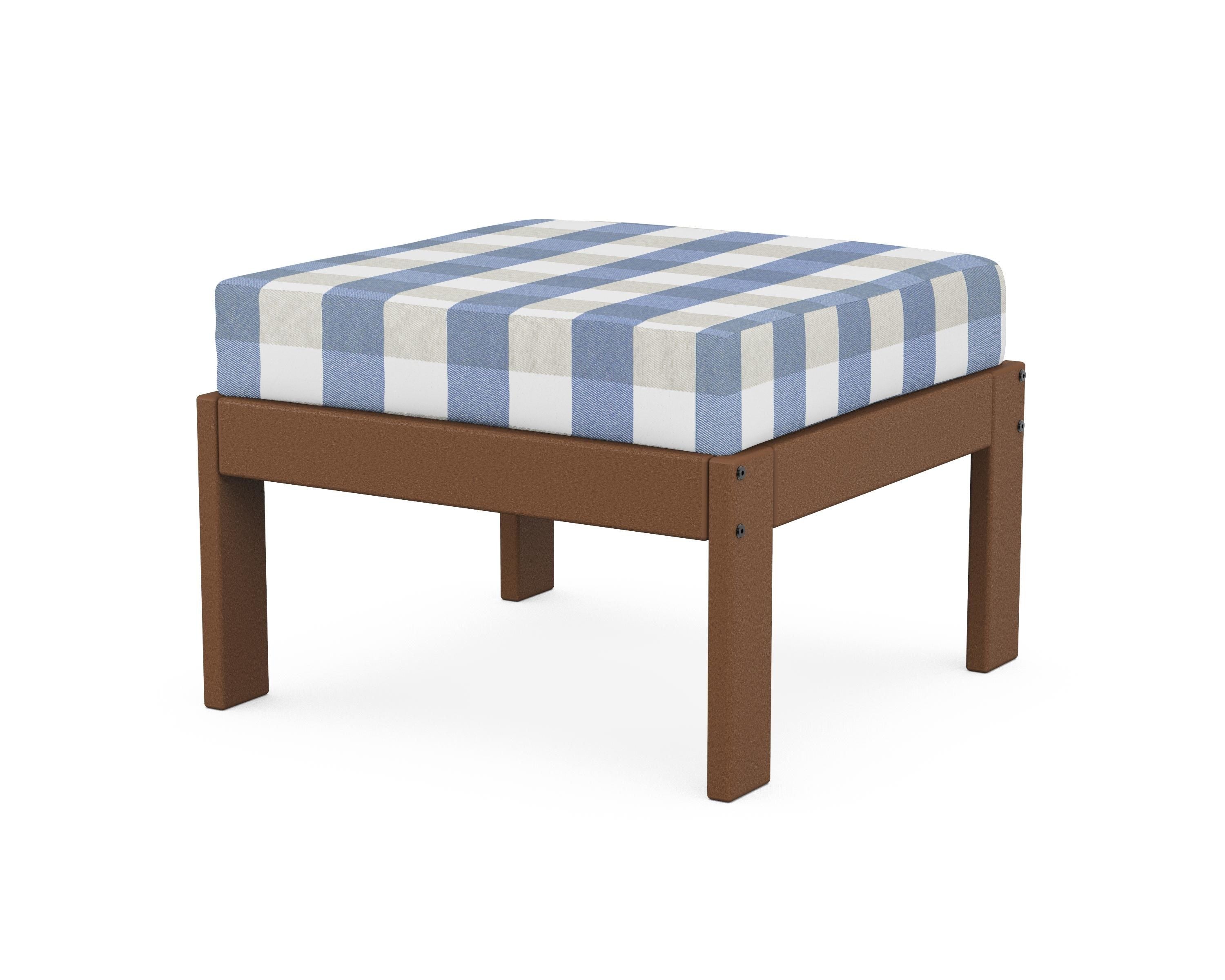 POLYWOOD® Vineyard Modular Ottoman in Teak / Buffalo Plaid Sky Blue