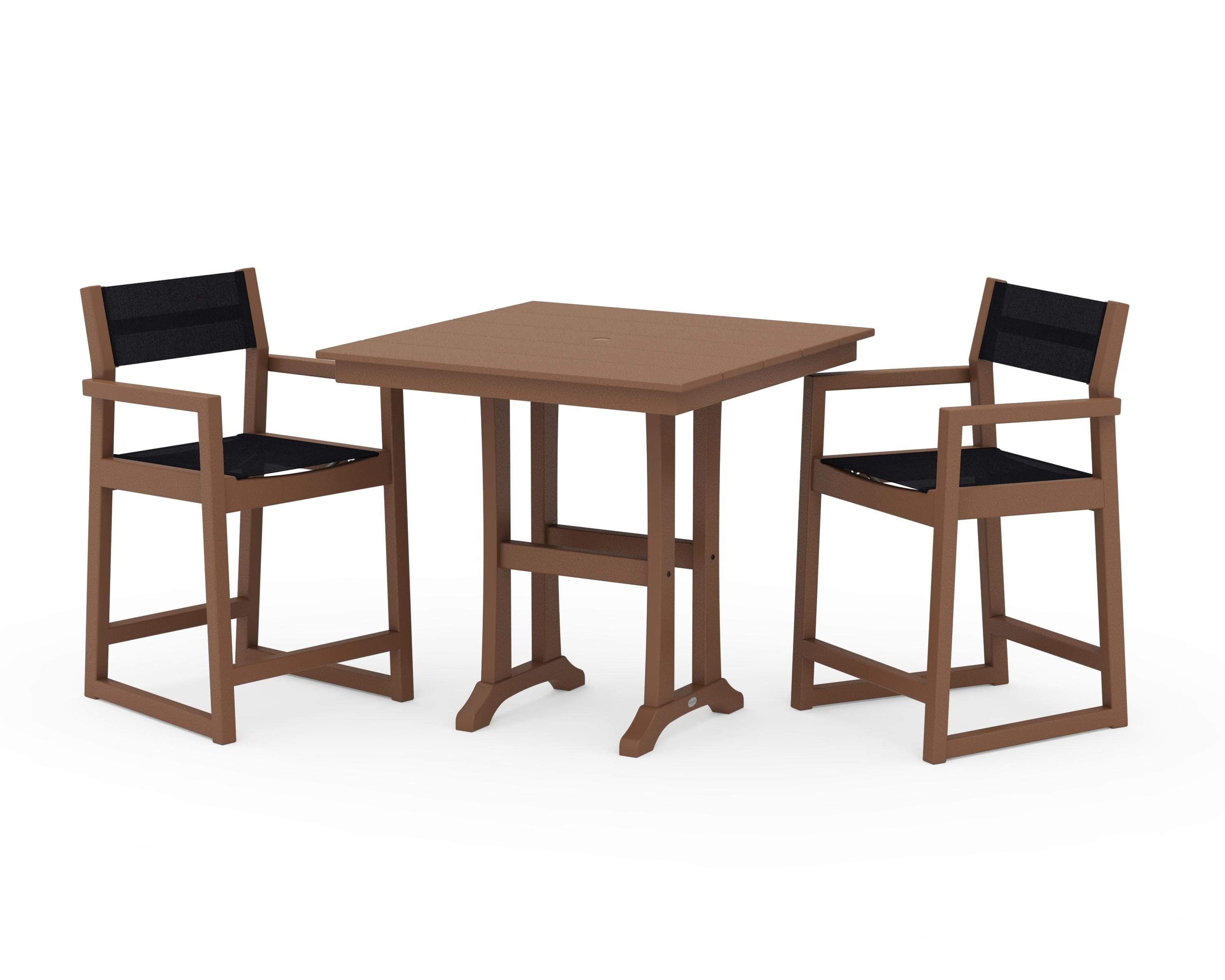 POLYWOOD® EDGE Sling Arm Chair 3-Piece Farmhouse Counter Set with Trestle Legs in Teak / Black Sling