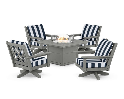 POLYWOOD® Chippendale 5-Piece Deep Seating Swivel Conversation Set with Fire Pit Table in Slate Grey / Cabana Stripe Marine Indigo