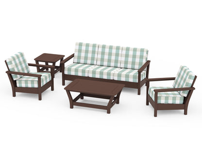 POLYWOOD® Harbour 5-Piece Deep Seating Set in Mahogany / Buffalo Plaid Glacier Spa