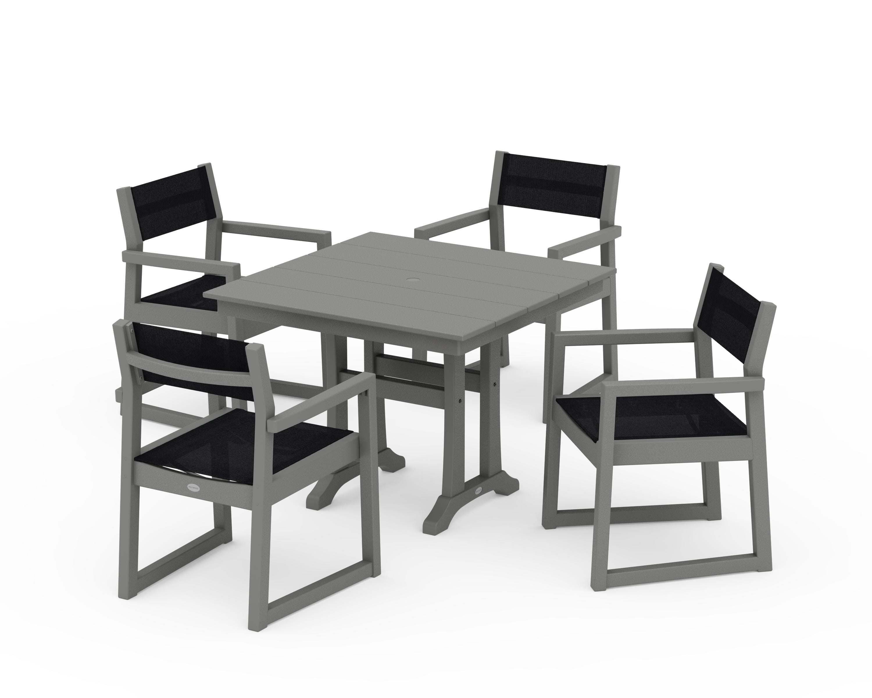 POLYWOOD® EDGE Sling 5-Piece Farmhouse Dining Set with Trestle Legs in Slate Grey / Black Sling
